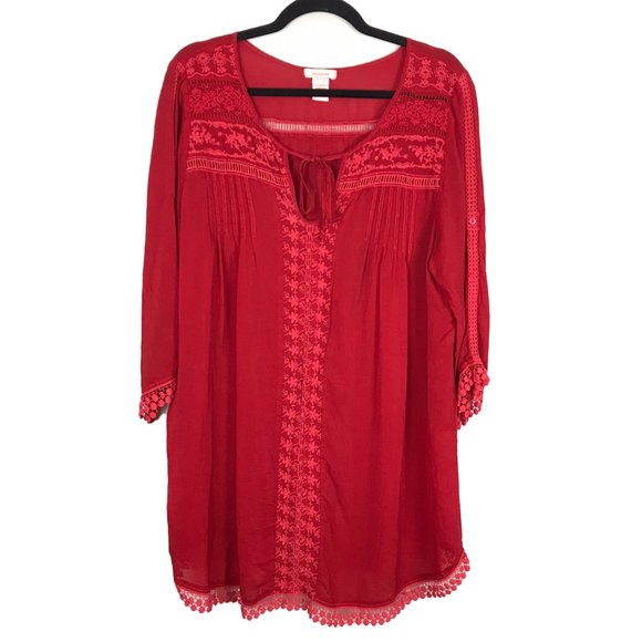 Sundance Womens Large Red Boho Tunic Top Long Sleeve Embroidered - Picture 1 of 11